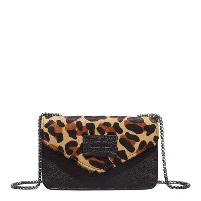 Bolsa Envelope Couro Estampa Animal Print Onça Alça Transversal Corrente