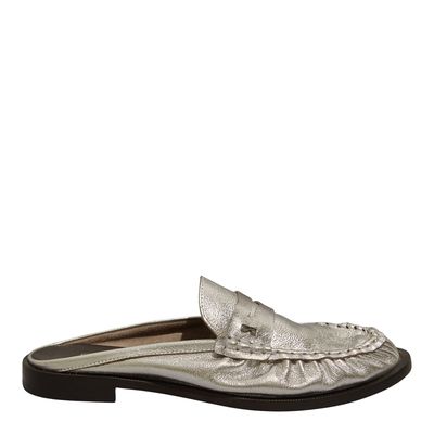 Mocassim Mule Couro Metalizado Prata Franzido