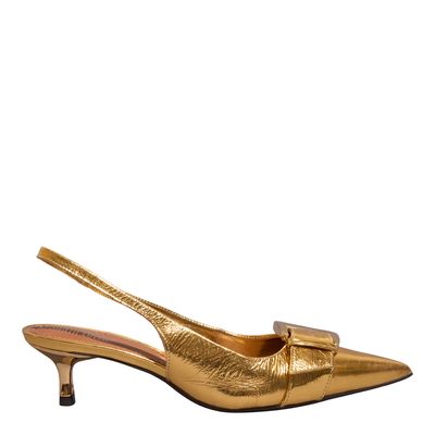 Scarpin Slingback Couro Metalizado Dourado Salto Baixo