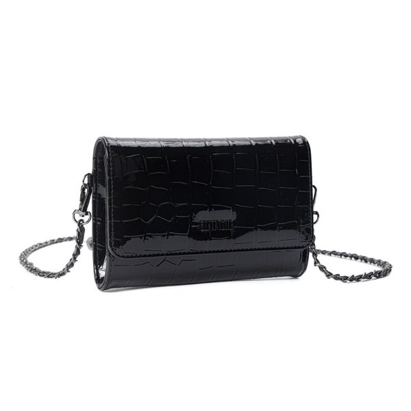 Bolsa Carteira Material Croco Preta Alça Transversal Corrente