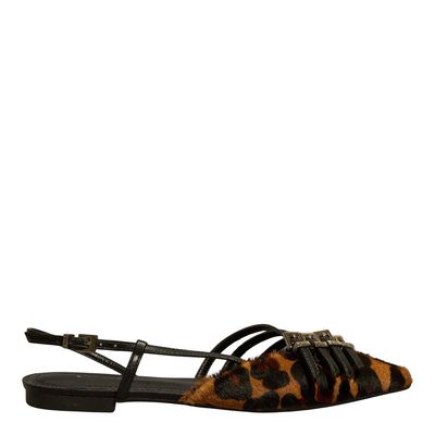 Sapatilha Fivela Couro Animal Print Onça Bico Fino Slingback