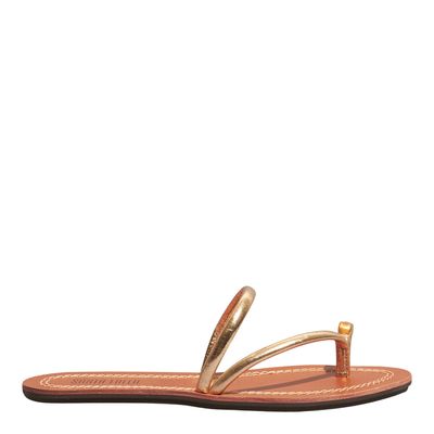 Rasteira Couro Metalizado Dourado Pespontos