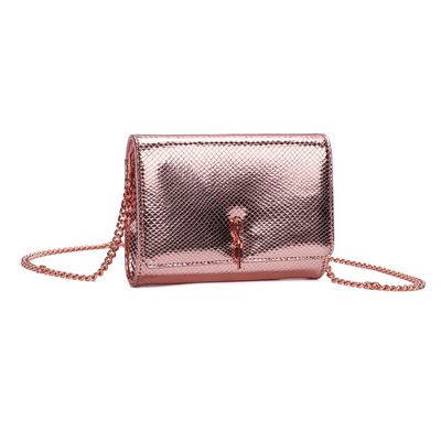 Bolsa Carteira Metalizada Rosa Alça Transversal Corrente