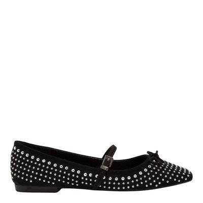 Sapatilha Preta Camurça Bico Quadrado Brilho