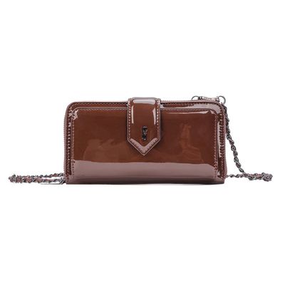 Bolsa Carteira Verniz Marrom Dark Alça De Ombro Corrente