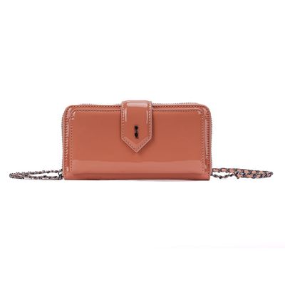 Bolsa Carteira Verniz Rosa Goiaba Alça De Ombro Corrente
