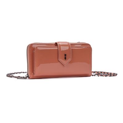 Bolsa Carteira Verniz Rosa Goiaba Alça De Ombro Corrente