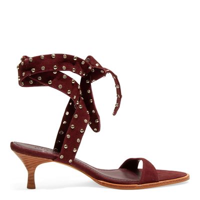 Sandália Couro Camurça Premium Vermelho Merlot Salto Baixo Fino