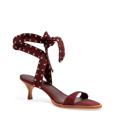Sandália Couro Camurça Premium Vermelho Merlot Salto Baixo Fino