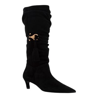 Bota Couro Camurça Preto Bico Fino Cano Longo