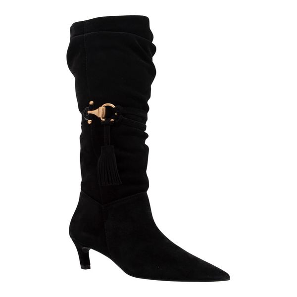 Bota Couro Camurça Preto Bico Fino Cano Longo