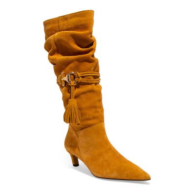 Bota Couro Camurça Amarelo Mostarda Bico Fino Cano Longo