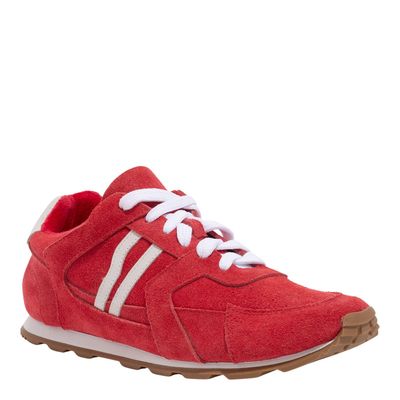 Tênis Jogging Couro Camurça Vermelho Recortes Branco