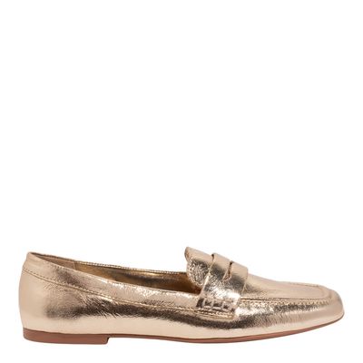 Mocassim Couro Metalizado Balla Dourado Bico Quadrado