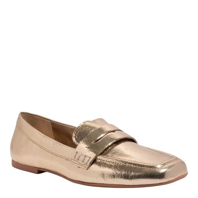 Mocassim Couro Metalizado Balla Dourado Bico Quadrado