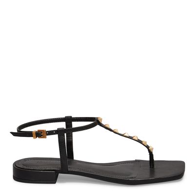 Sandália Rasteira Napa Soft Tachas Spikes Preta Bico Quadrado