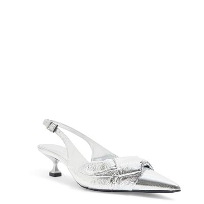 Scarpin Slingback Laço Couro Craquele Salto Baixo Prata