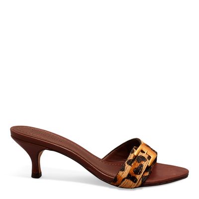 Mule Couro Pelo Estampa Animal Print Onça Salto Baixo Fino
