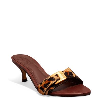 Mule Couro Pelo Estampa Animal Print Onça Salto Baixo Fino