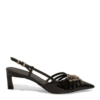 Scarpin Verniz Anzeli Preto Bico Fino Fivela