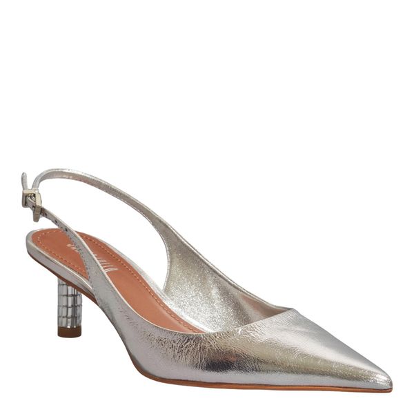 Scarpin Bico Fino Couro Metalizado Prata Salto Espelho
