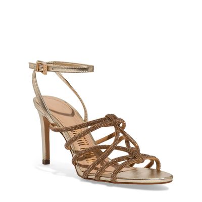 Sandália Strass Metalizada Soft Dourada Salto Alto Fino