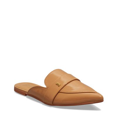 Mule Mocassim Verniz Bege Escuro Bico Fino