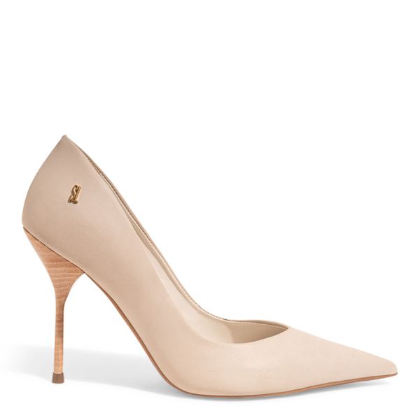 Scarpin One Couro Confort Bege Bico Fino Salto Agulha