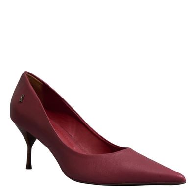 Scarpin Bico Fino Couro Confort Salto Fachete Vermelho Bordô
