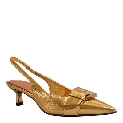 Scarpin Slingback Couro Metalizado Dourado Salto Baixo