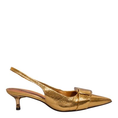 Scarpin Slingback Couro Metalizado Dourado Salto Baixo