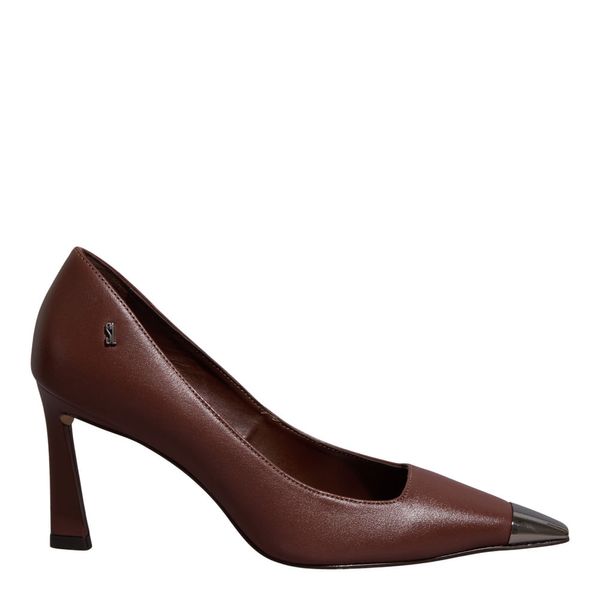 Scarpin Couro Marrom Cocoa Bico Fino Metalizado