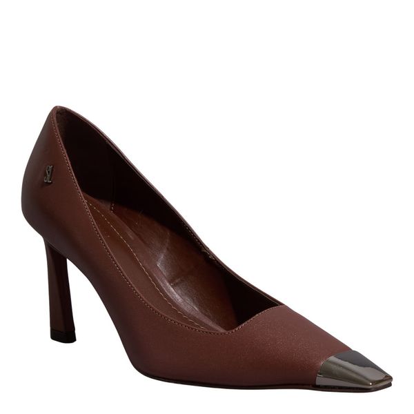Scarpin Couro Marrom Cocoa Bico Fino Metalizado