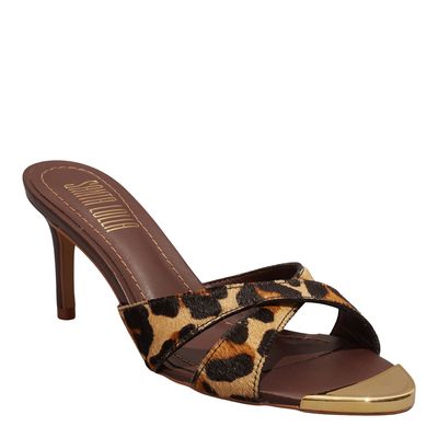 Mule Salto Médio Couro Animal Print Bico Metalizado