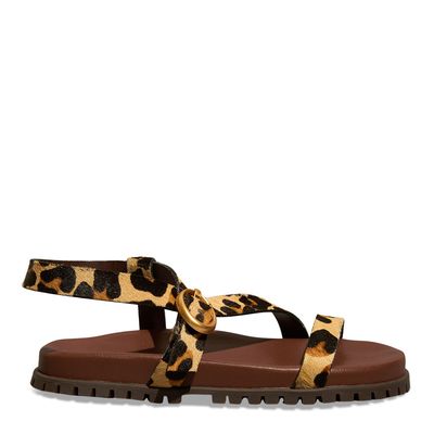 Sandália Papete Couro Pelo Estampa Animal Print Onça