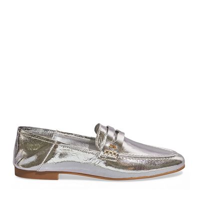Mocassim Couro Metalizado Bico Redondo Prata