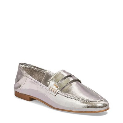 Mocassim Couro Metalizado Bico Redondo Prata
