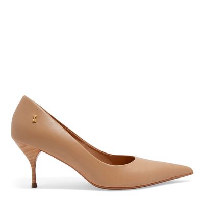 Scarpin Couro Confort Bege Bico Fino Salto Agulha