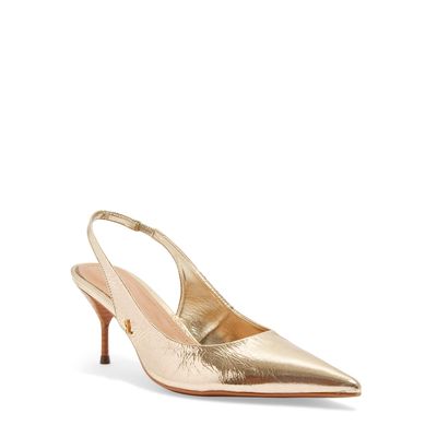 Scarpin Slingback Couro Metalizado Dourado Bico Fino Salto Agulha
