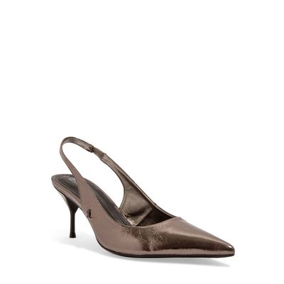 Scarpin Slingback Couro Metalizado Cinza Grafite Bico Fino Salto Agulha