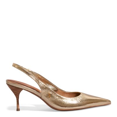 Scarpin Slingtback Couro Metalizado Dourado Salto Fino
