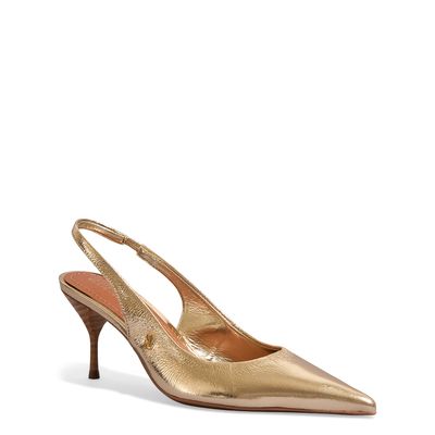 Scarpin Slingtback Couro Metalizado Dourado Salto Fino