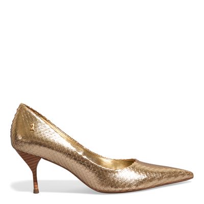Scarpin Cobra Couro Metalizado Salto Fino Dourado