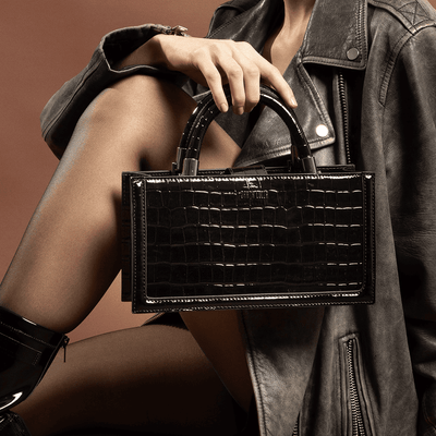 Bolsa Tote Pequena Croco Preta Alça Dupla
