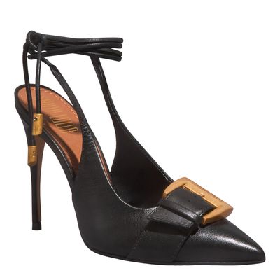 Scarpin Amarração Couro Pelica Soft Preto Salto Alto Fino
