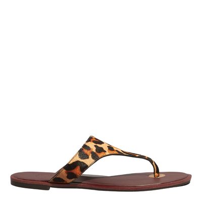 Rasteira Tira Dedo Couro Estampa Animal Print Onça