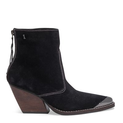 Bota Couro Camurça Preto Bico Fino Salto Grosso