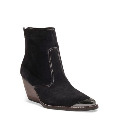 Bota Couro Camurça Preto Bico Fino Salto Grosso