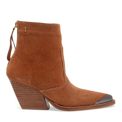 Bota Couro Camurça Marrom Safari Bico Fino Salto Grosso