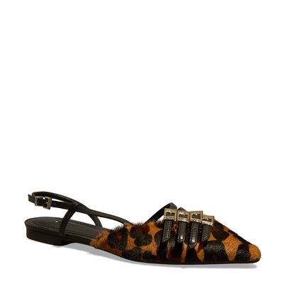 Sapatilha Slingback Couro Estampa Animal Print Onça Bico Fino
